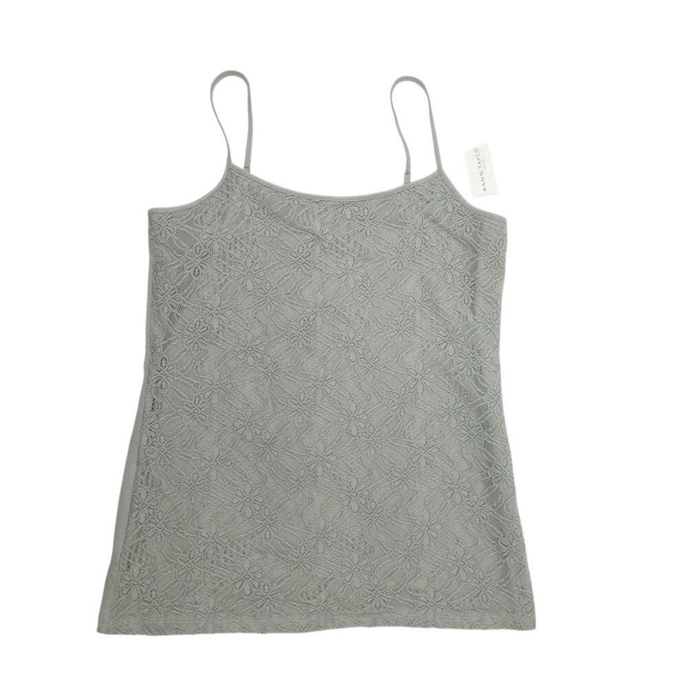 Ann Taylor Factory Tank Top Womens L Adjustable Straps Gray Lace Crochet Floral